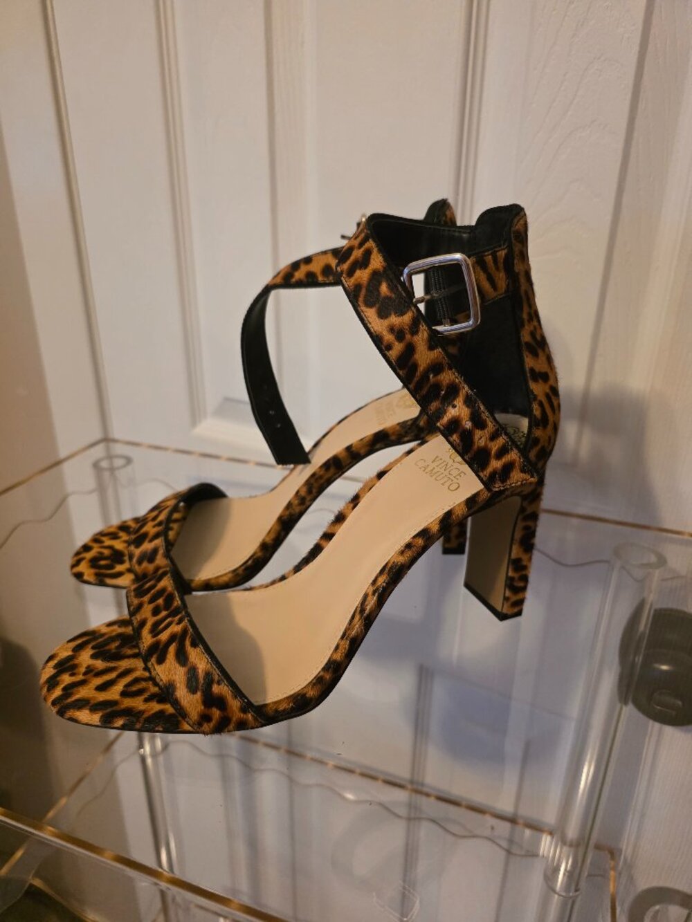 Vince Camuto strappy leopard calf hair heel